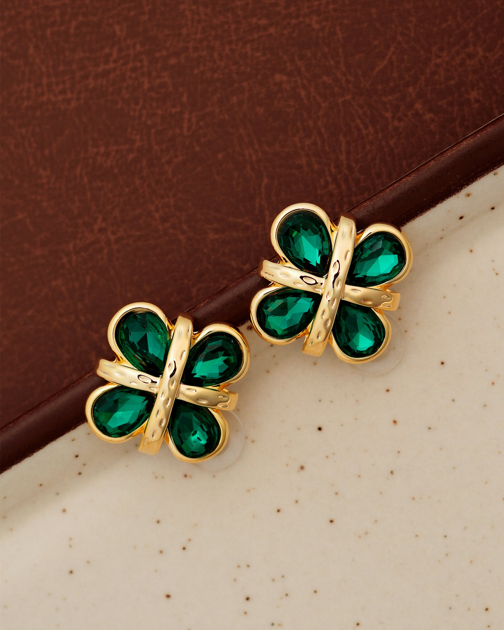 Emerald Leaf 22K Gold Plated Earrings