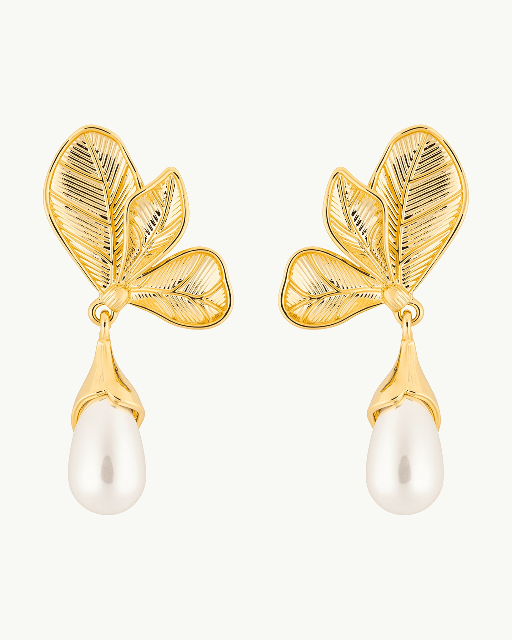 Aura Leaf Pearl 22K Gold Plated Earrings