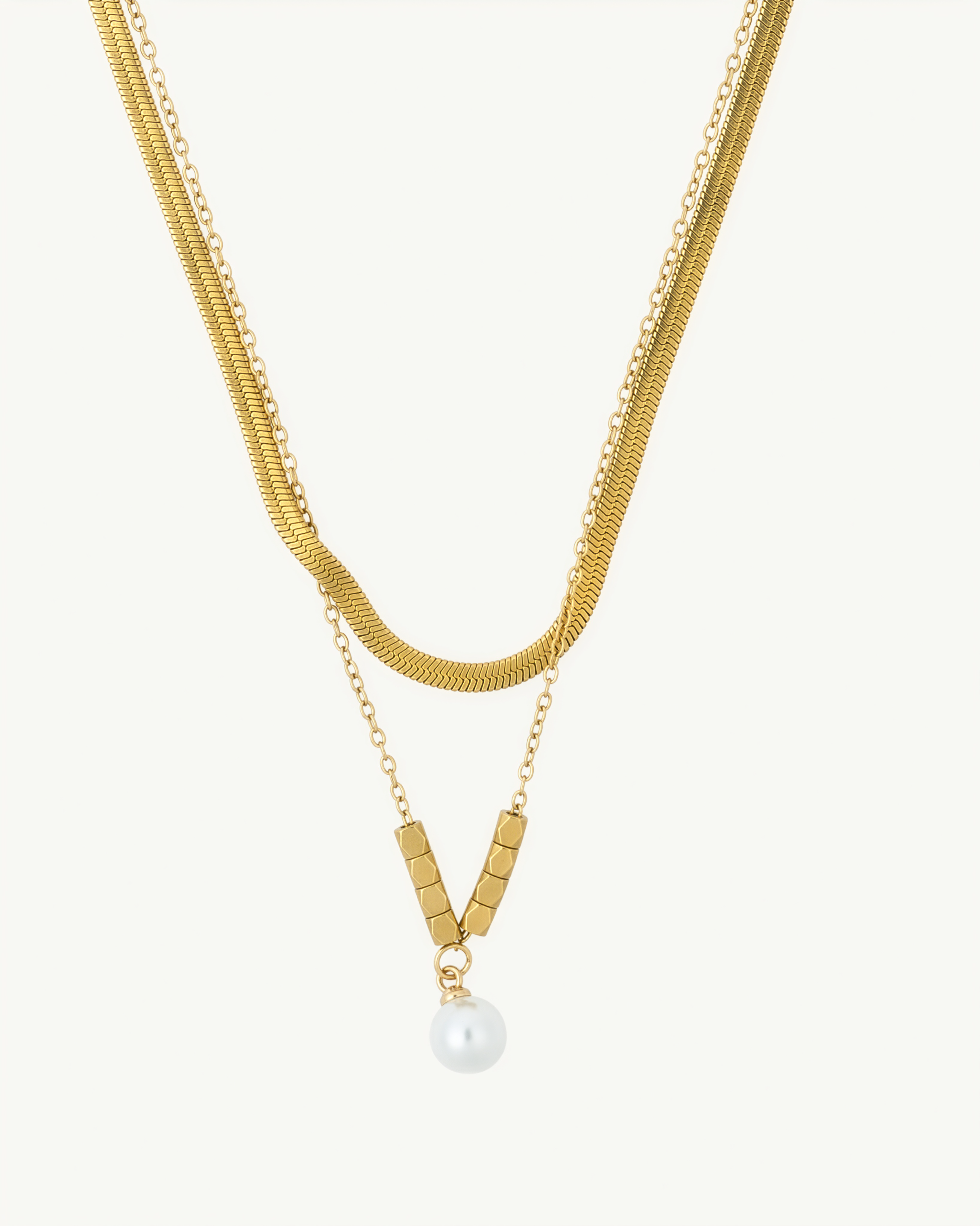 Pearl Double Chain 18K Gold Plated Necklace