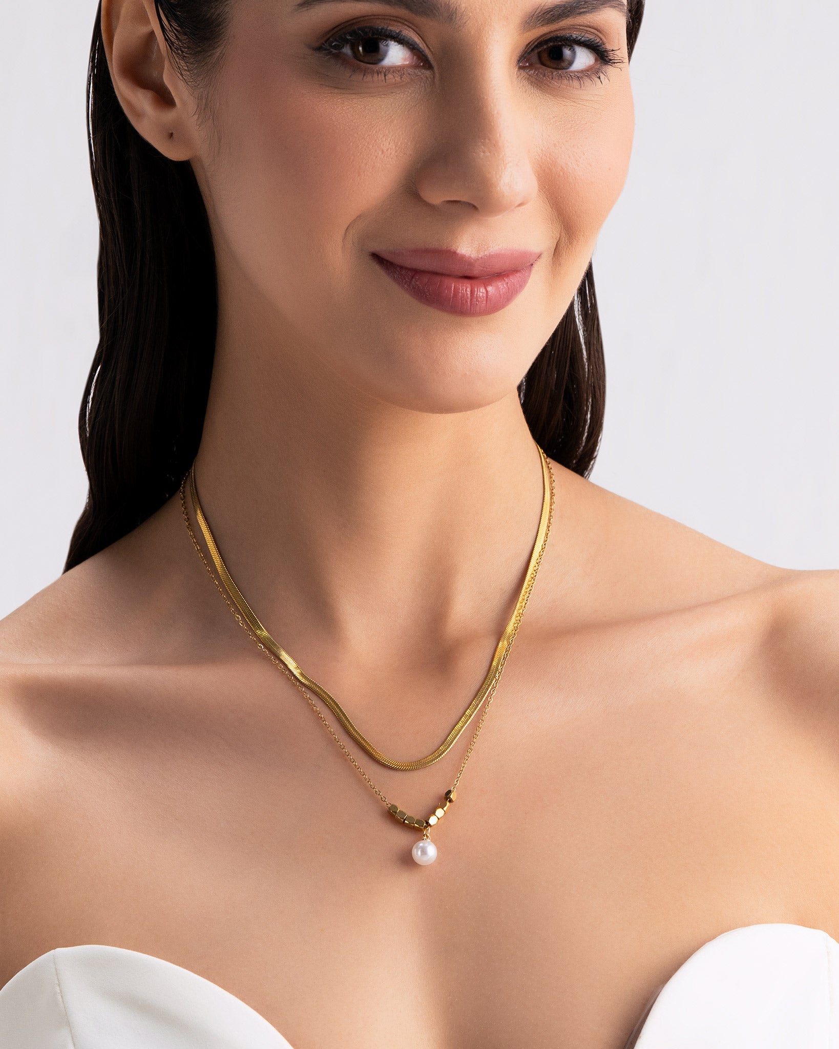 Pearl Double Chain 18K Gold Plated Necklace